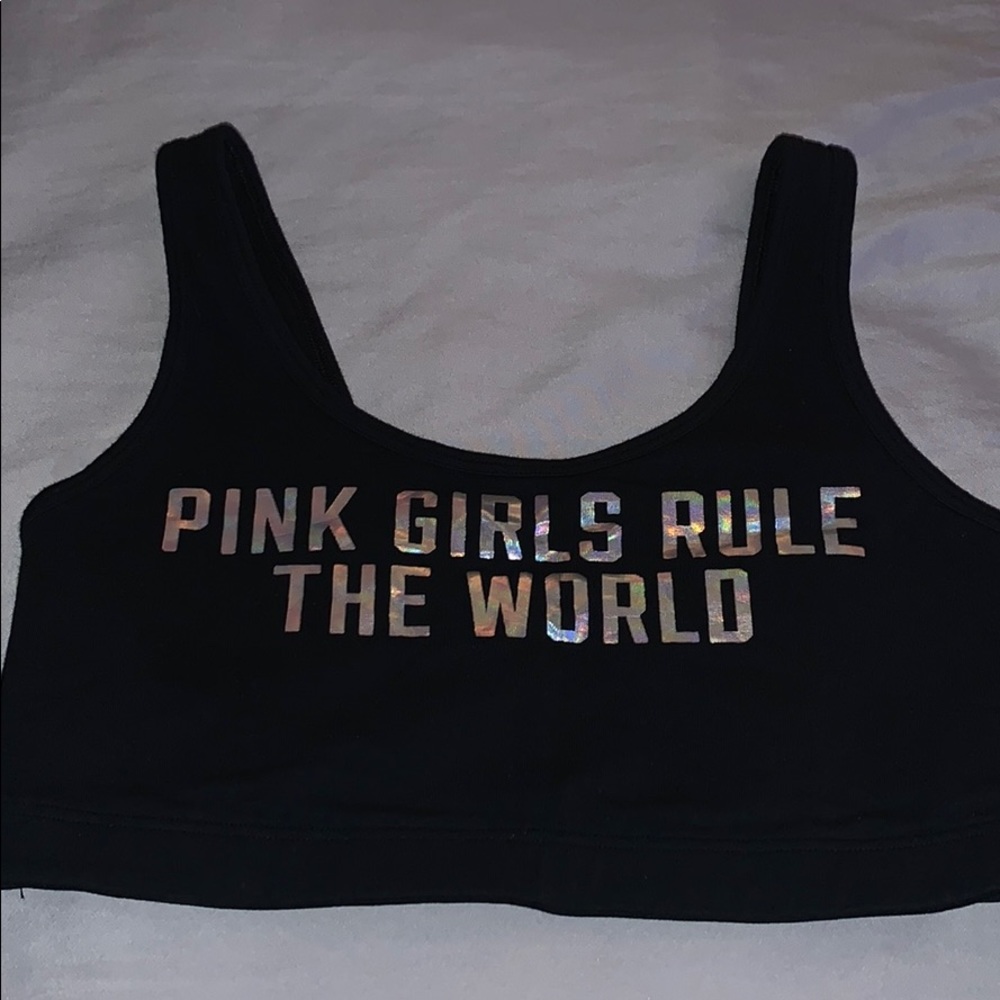 New Pink Sports Bra halo graphic letters.